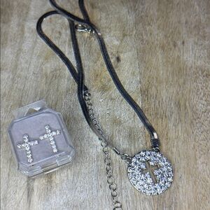 Silver Cross Necklace Earring Set
